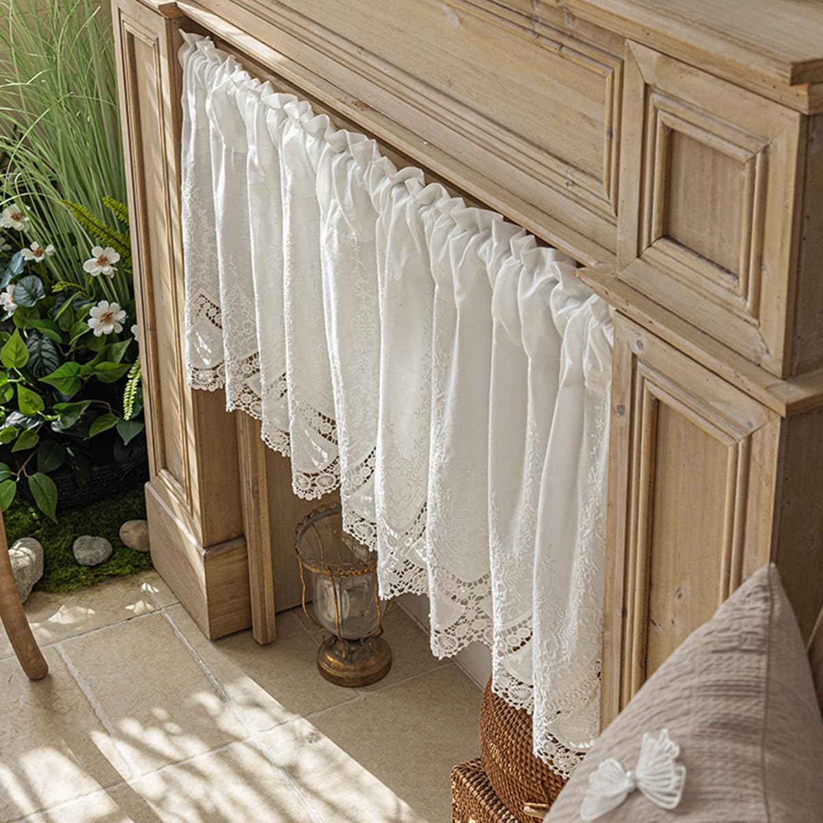 Brise-bise en Dentelle Blanche Style Campagne – Rideau Court pour Cuisine, Salle de Bain ou Salon,150cmWx40cmH