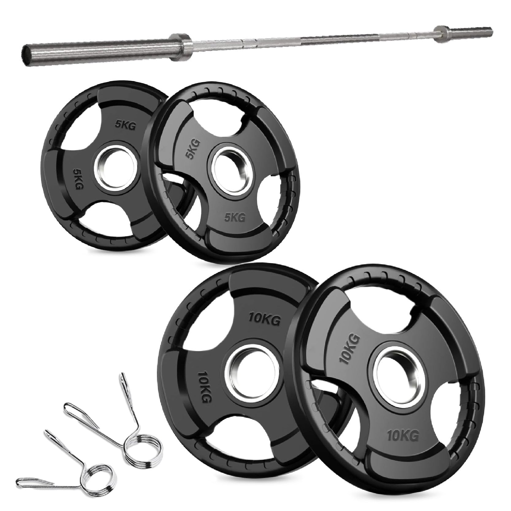 Rubber-Coated Tri-Grip Olympic Weight Plates – 2" Cast Iron Core with Protective Rubber – Individual Plates & Sets (1.25kg to 100kg) – Home & Commercial Gym