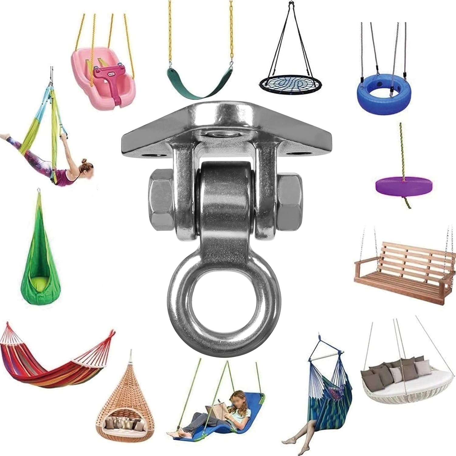 2-Pack Heavy Duty Swing Hanger Bracket, 1000 lbs Capacity, 304 Stainless Steel Swing Mount with Threaded Hook, for Indoor/Outdoor Porch Swing, Hammock, Gym Rings, Punching Bag Hardware