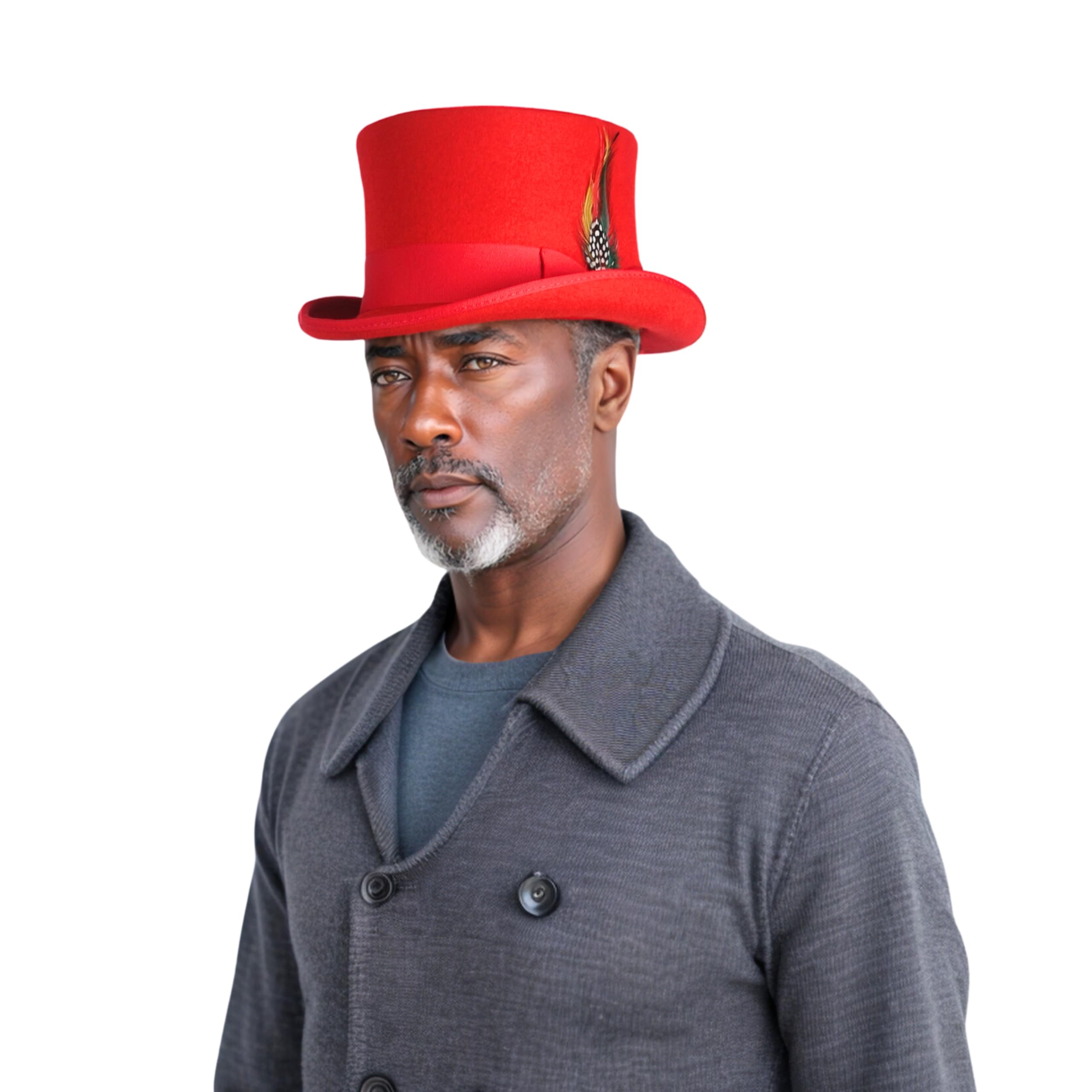 Wool Top Hats for Men and Women - Classic high Crown Removeable Feather & Satin Lining - Western Style Top Hat for Adventures (US, Alpha, Large, Standard, Bright Red)
