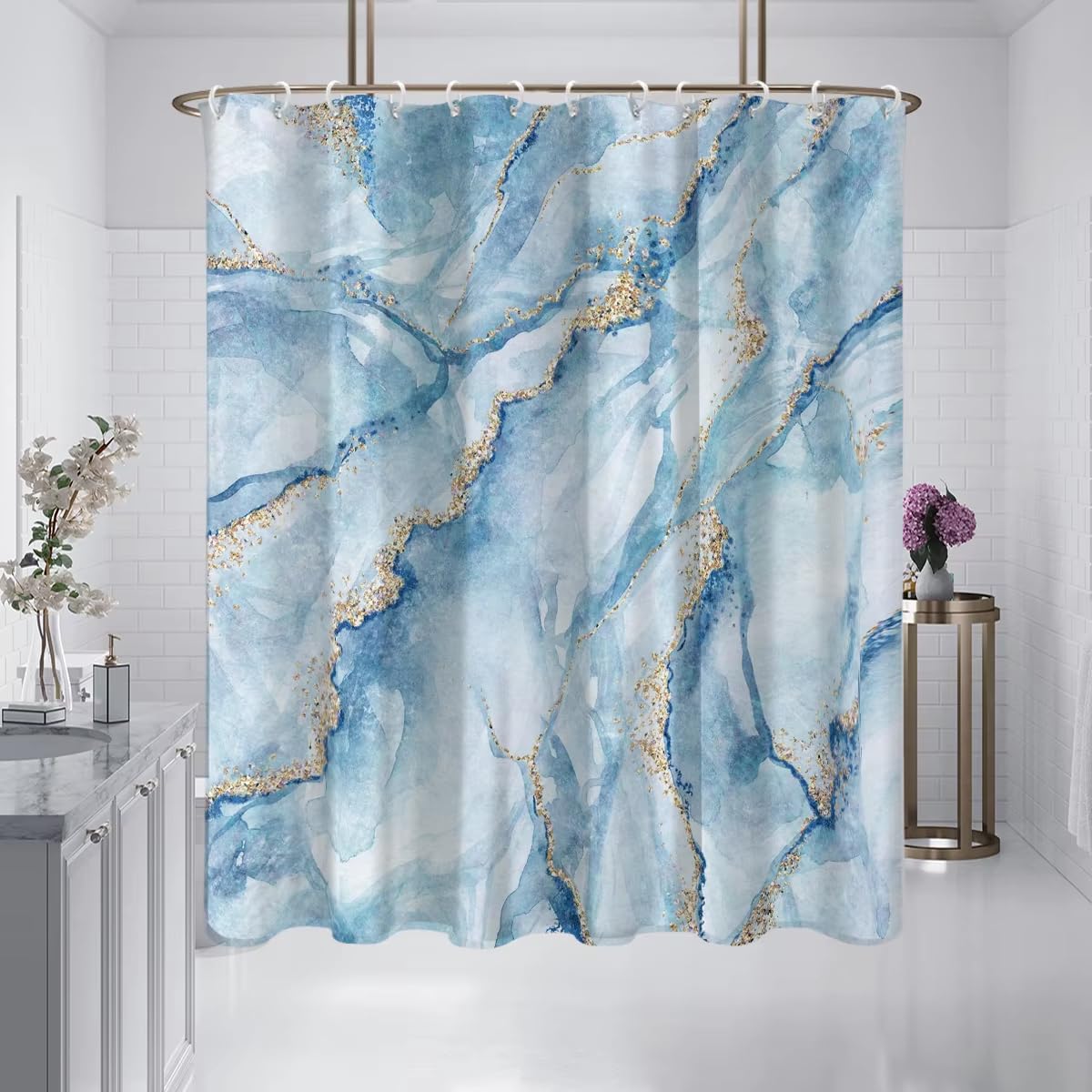 Rideau de douche marbre bleu lavable en machine pour une ambiance spa à la maison