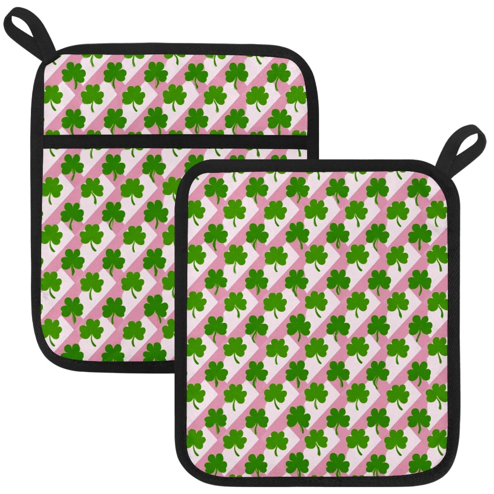 VAPOKF Green Clovers Heat Resistant Pot Holders, Thick Pot Holders Pad with Hanging Loop for Kitchen, Oven Cloth Pads for Kitchen Baking Microwave Oven