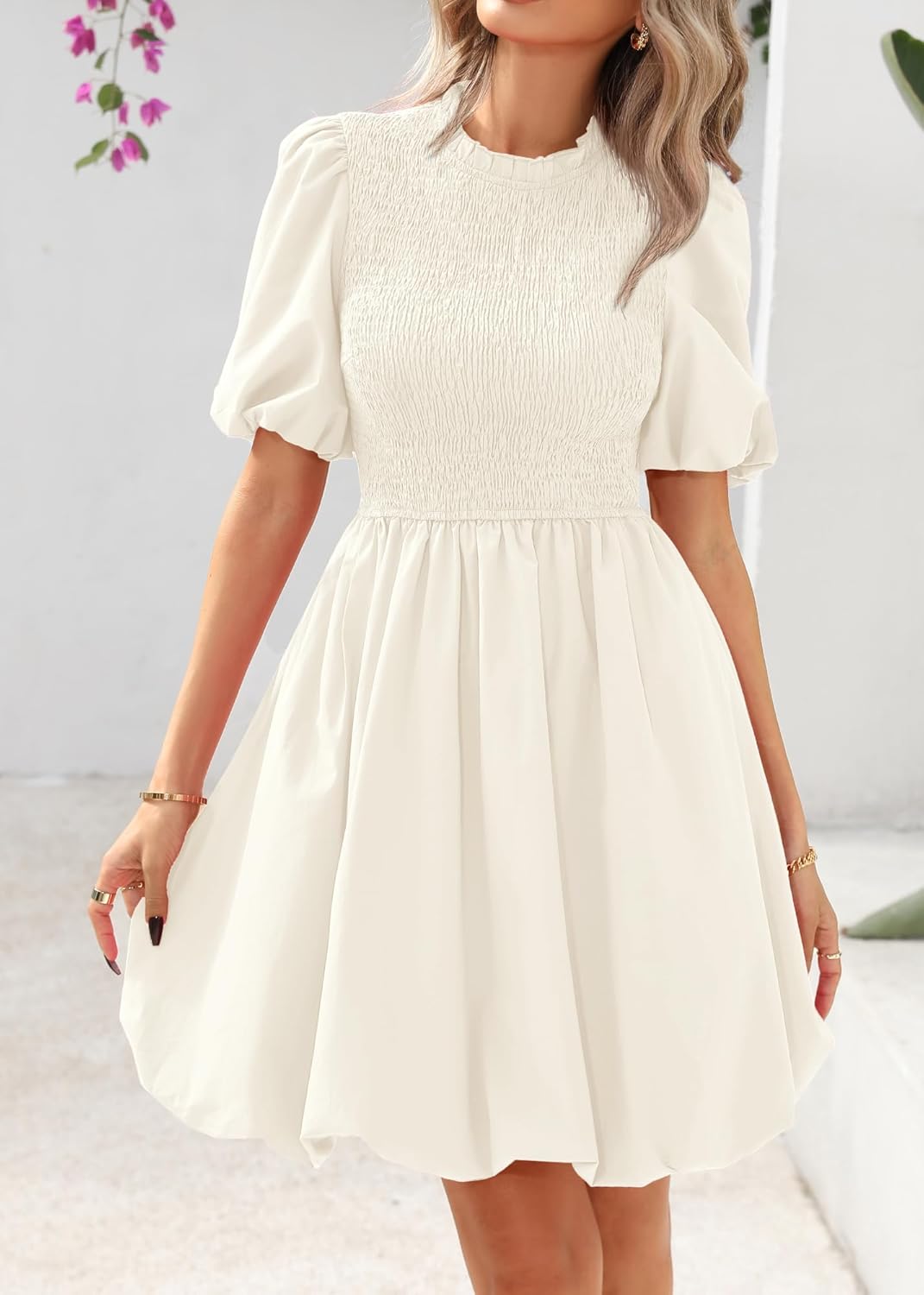 KIRUNDO Womens Summer Smocked Mini Dress 2025 Spring Puff Short Sleeve Boho Ruffle Crewneck Bubble A Line Short Dresses - Image 8