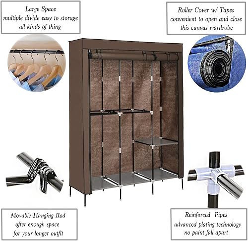 Miniatura 2 de OppsDecor Armario de ropa portátil armario de almacenamiento portátil organizador de armario con 5 estantes para colgar fácil de montar marrón café