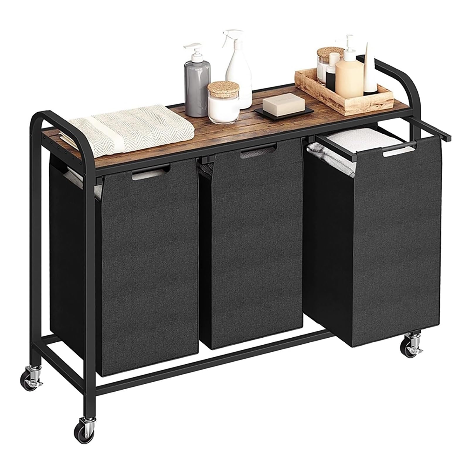Rollender Wäschekorb mit 3 Abschnitten, Wäschewagen mit Rädern, Wäschekorb mit Metallrahmen, für Schlafzimmer, Waschküche (schwarz)