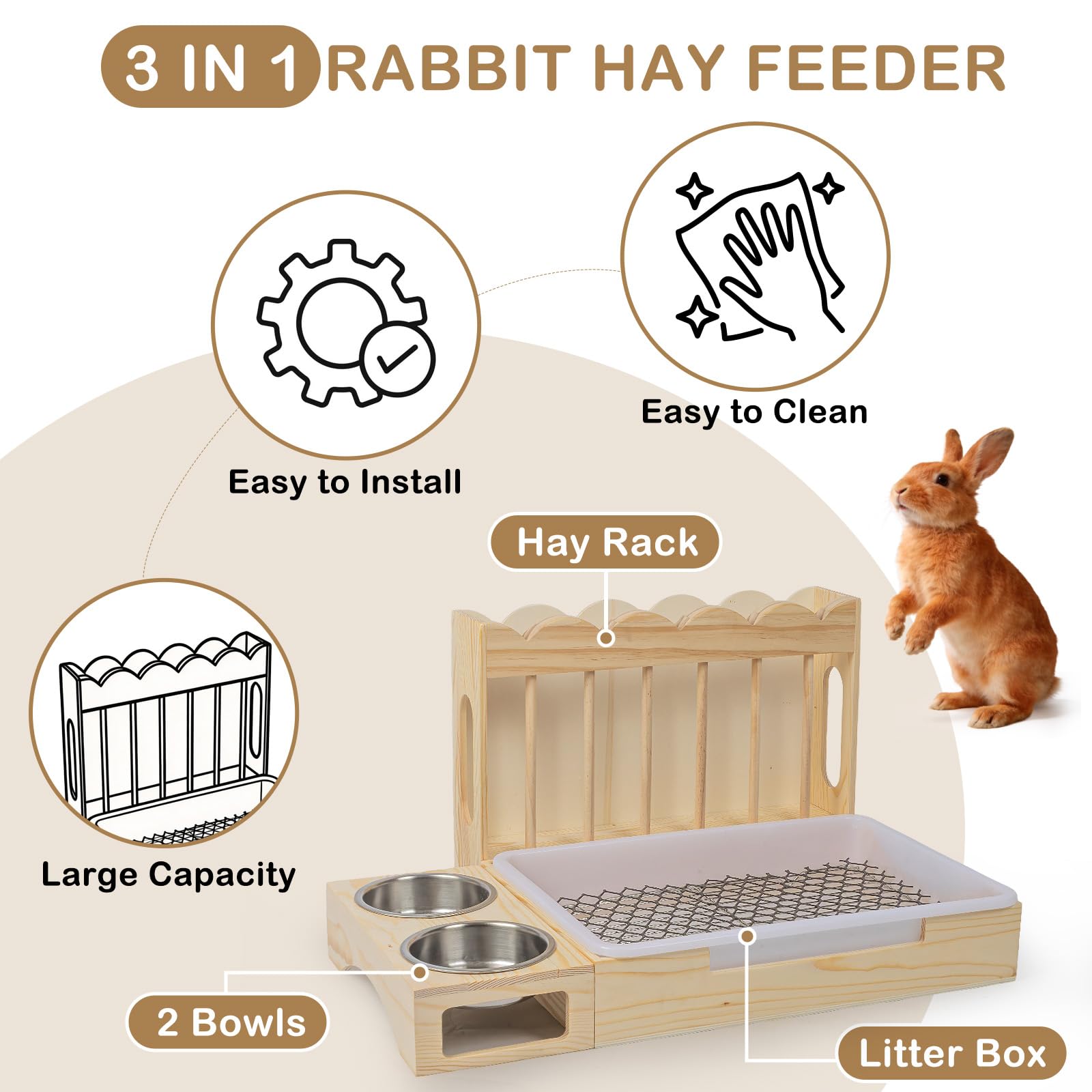 3-in-1 Rabbit Hay Feeder with Litter Box, Sturdy Wooden Hay Feeder Set for Guinea Pigs, Chinchillas, Hamsters, Ferret, Rabbits and Other Small Animal - image 4