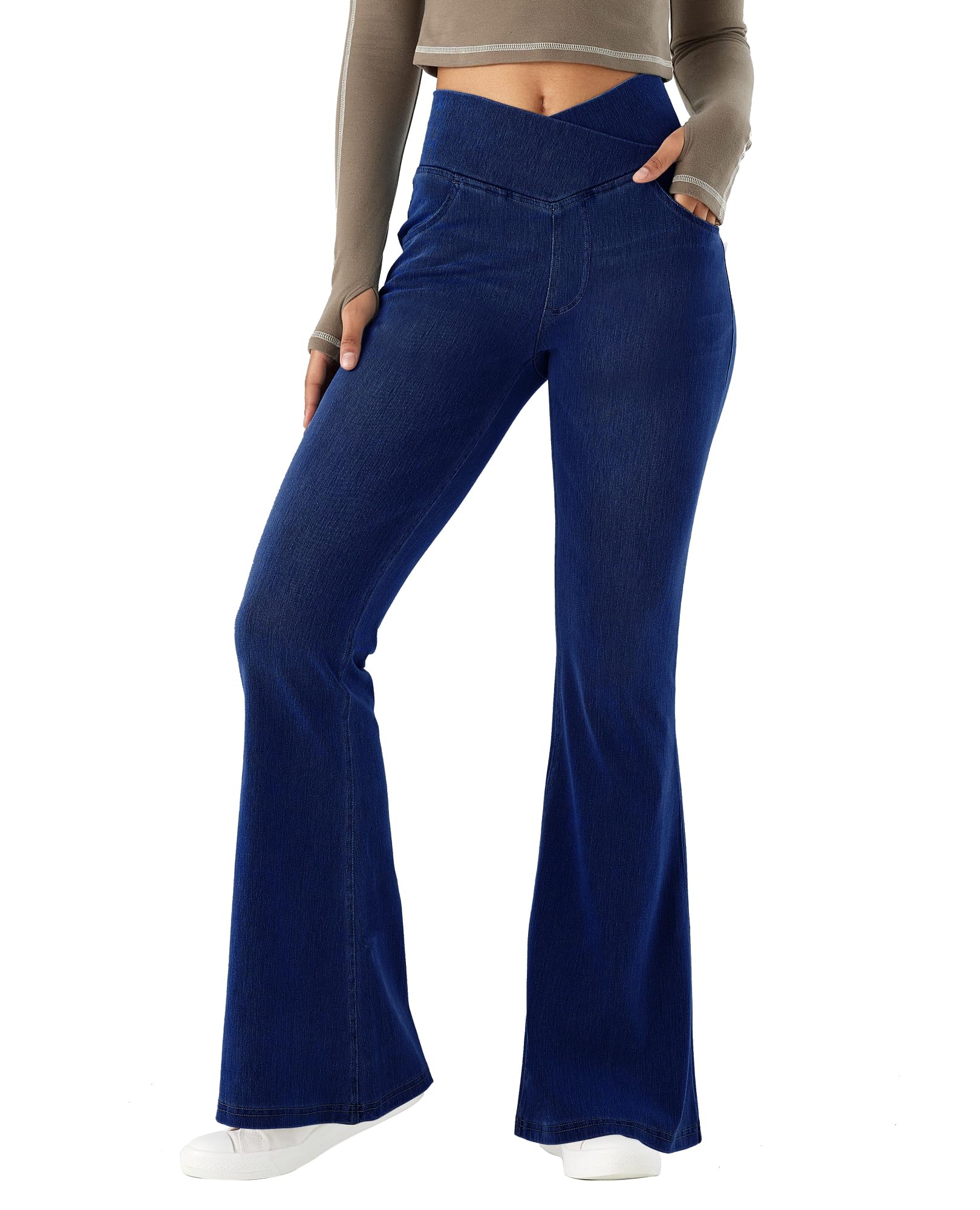 LaiEr Damen V Crossover Hohe Taille Bauchkontrolle Casual Fitness Skinny Yoga Hosen, Faux Denim Print Frauen Bootcut Yoga Hosen, ausgestellte Fitness Hosen mit Seitentaschen