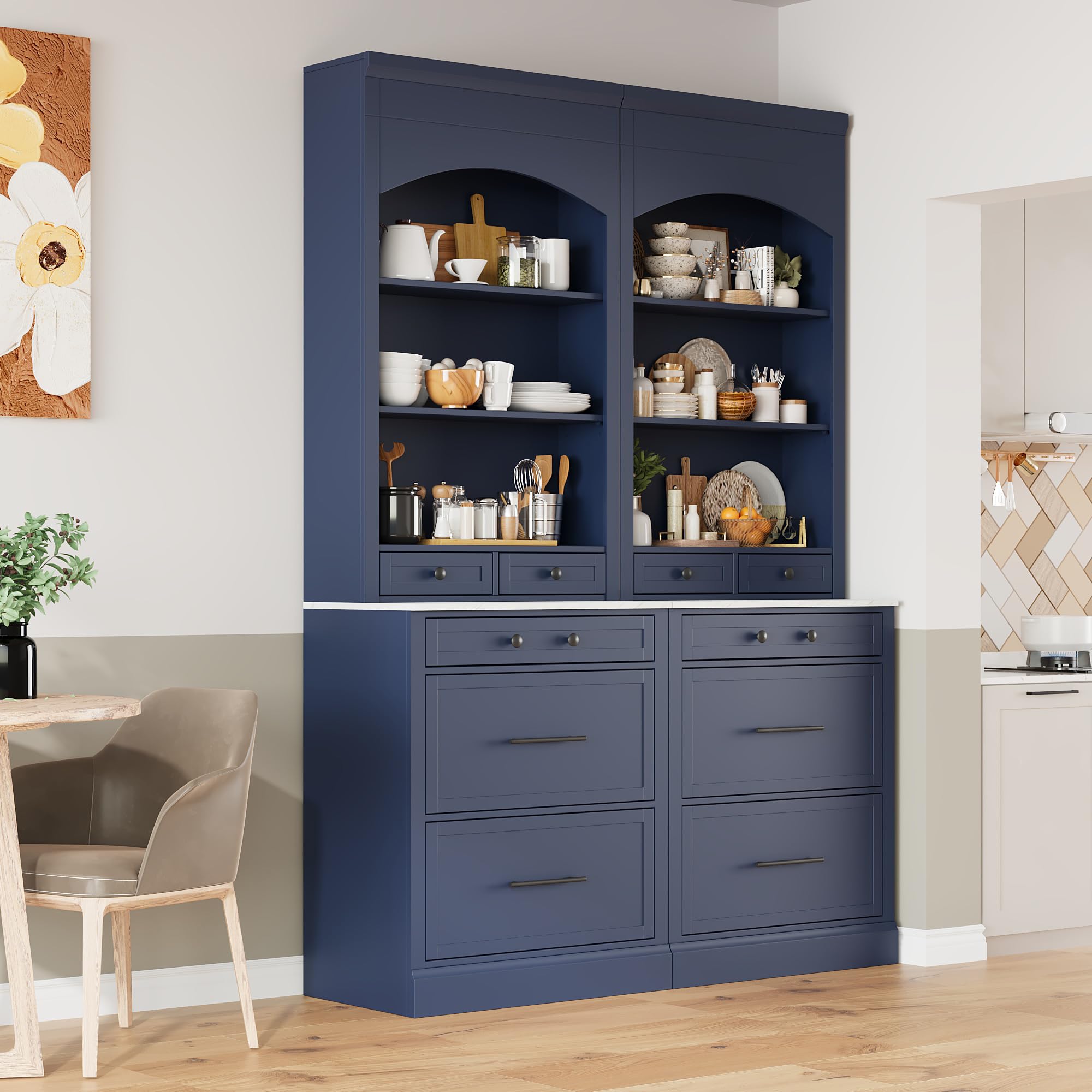 Modern 83.7inch High Kitchen Pantry, Freestanding Tall Kitchen Hutch with Faux Marble Top, Cupboard Cabinet with 5 Storage Drawers and Adjustable Shelf, Wood Storage Cabinet, Set of 2