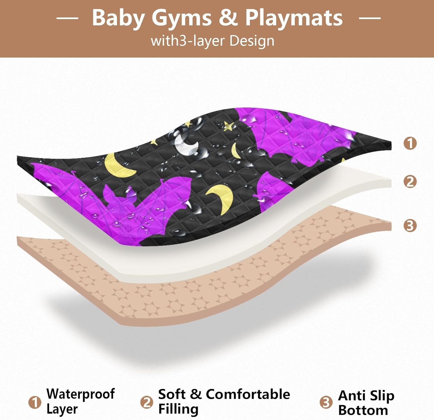 Graffiti Bat and Moon Baby Play Mat, 50“ X 50” Washable Folding Crawling Mat, Baby Floor Mat, Soft, Non-Slip