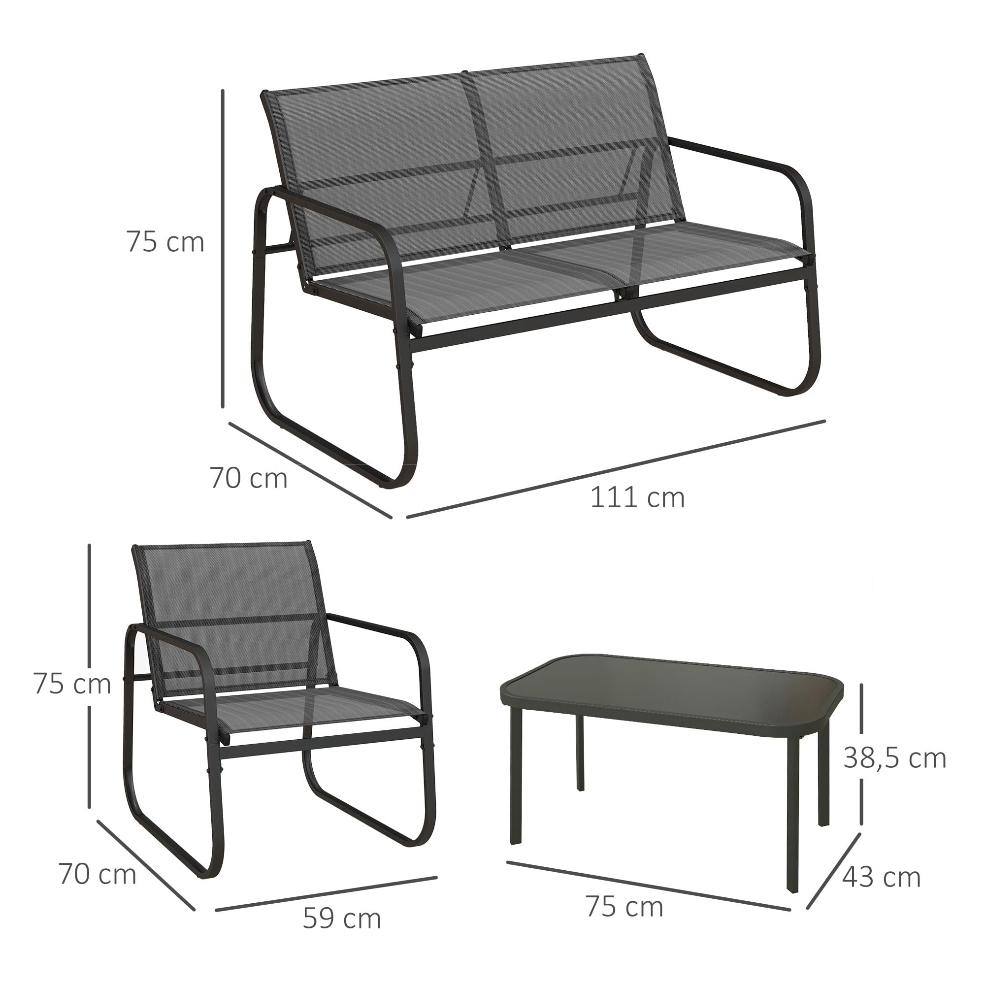 Outsunny Gartenmöbel-Set 4-TLG., Gartengarnitur mit 1 Zweisitzer, 2 Stühlen, 1 Couchtisch, Sitzgarnitur, Balkonmöbel-Set für Terrasse, Mesh, Schwarz