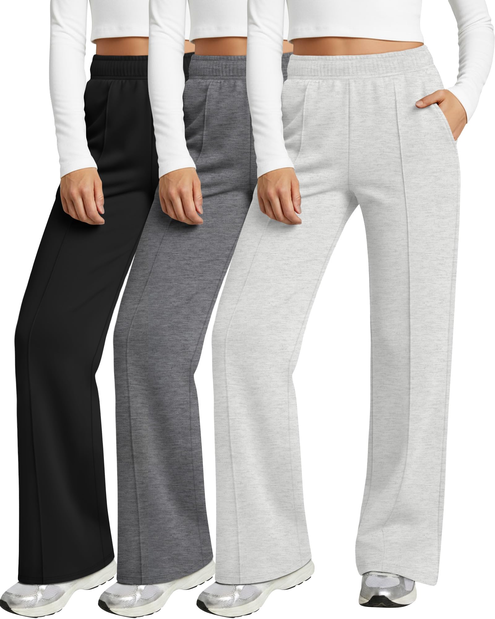 3-Pack Womens Drop-Weight Flared Sweatpants - High Waisted Wide Leg Joggers with Pockets