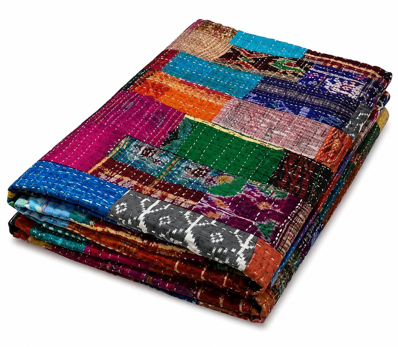 Handmade Silk Patchwork Kantha Quilt – Reversible Vintage Sari Patchwork Bedspread, Boho Hand Stitched Silk Blanket for Queen & King Bed (Twin)-image-49
