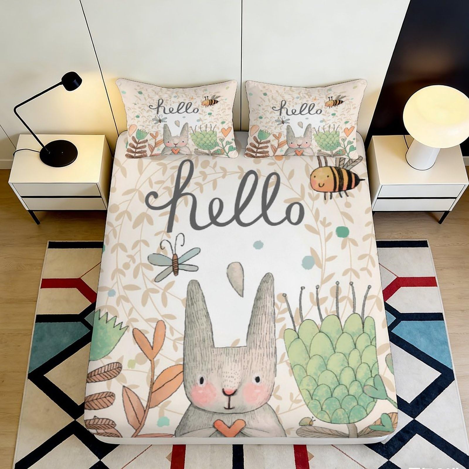 3D Printed Cartoon Bunny Fitted Sheet Microfiber Deep Pocket Bedroom Set Cartoon Bunny Mattress Fitted Cover Non-Slip Wrap for Adult Teen 180x200x25cm