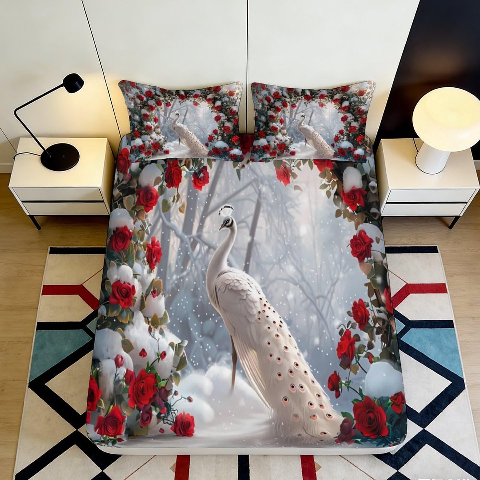 3D Printed White Peacock Fitted Sheet Microfiber Red Rose Mattress Cover for Bedroom Dorm Decorative Protection 90x200x25cm