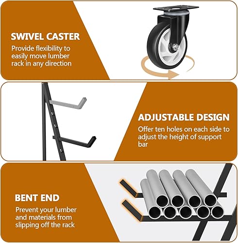 Miniatura 7 de Estante de almacenamiento de tubería y madera de 4 niveles, estante de tubería resistente con ruedas giratorias de 4 pulgadas y barra de soporte