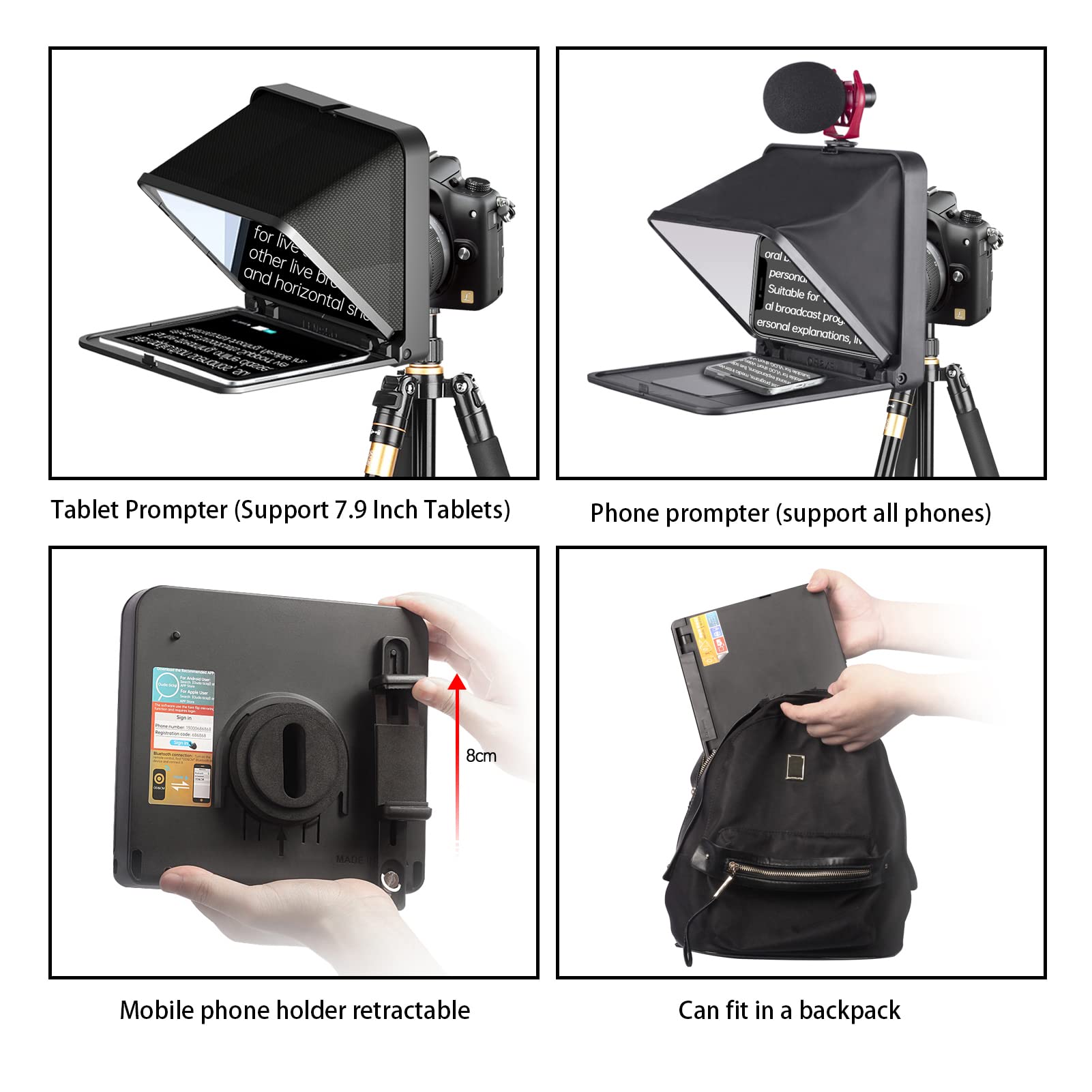 Bewinner Teleprompter con Telecomando, Teleprompter Portatile Pieghevole con Anello Adattatore da 49 Mm, 52 Mm, 58 Mm, 62 Mm, 67 Mm, 72 Mm, 77 Mm per Fotocamera SLR Tablet Smartphone