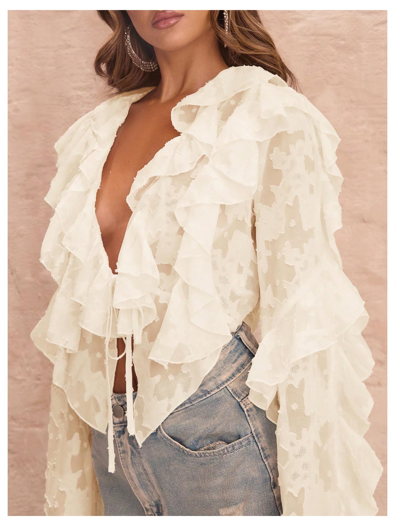 MakeMeChic Women's Tie V Neck Blouse Ruffle Trim Bell Sleeve Elegant Going Out Crop Tops Fall Clothes