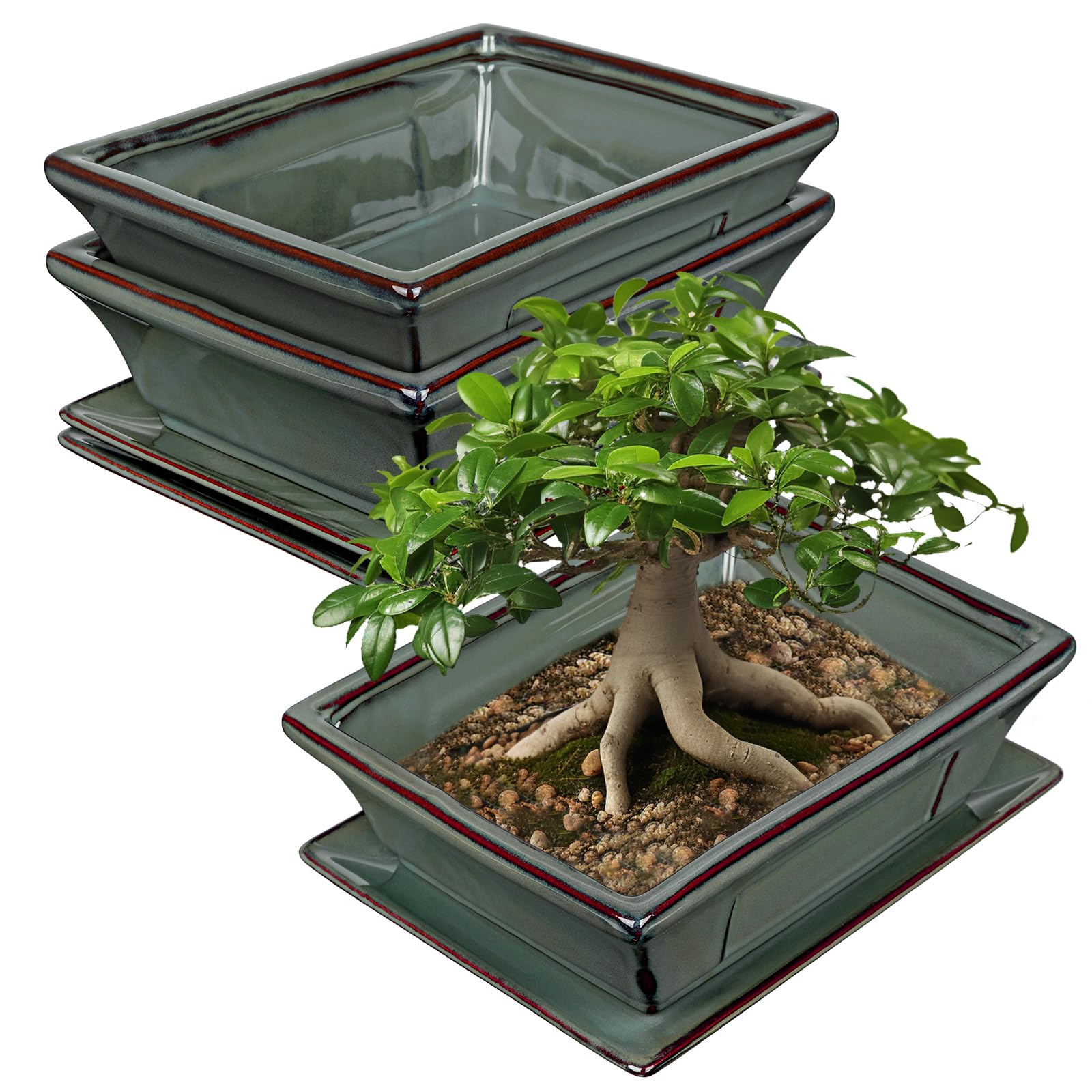 Zestaw 2 ceramicznych doniczek bonsai, z podstawką i otworami drenażowymi, do japońskich roślin pokojowych bonsai, dekoracja retro do zestawów pojemników ogrodowych na zewnątrz, średnica otworu 26 cm