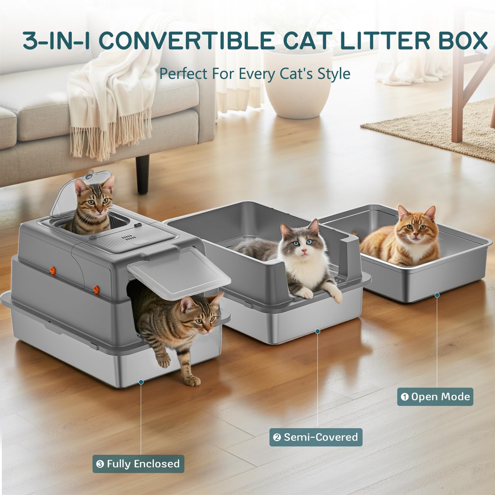 Stainless Steel Litter Box with Lid, 28" XXXL Large Cat Litter Box Enclosed for Multiple Cats, Odor Control with Carbon Filters, Anti-Leak High Sided, Includes Removable Lid & Scoop, Dark Gray - image 4
