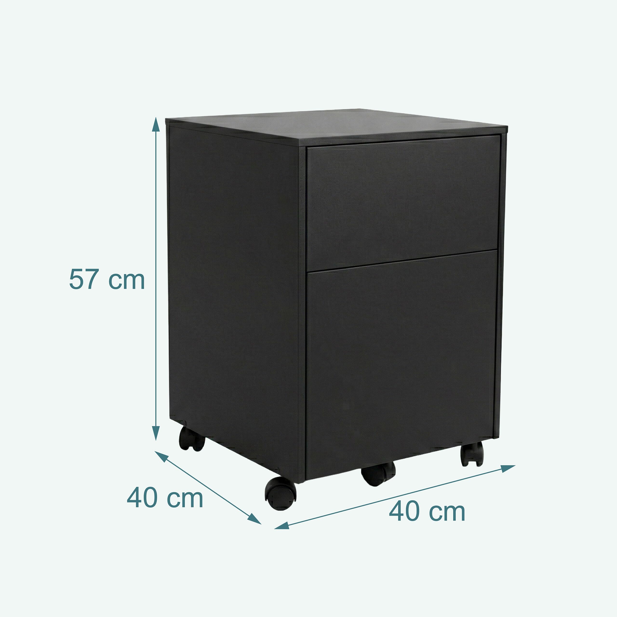 Relaxdays Caisson Bureau sur roulettes, 2 tiroirs, pour dossiers Suspendus, 57x40x40 cm, Noir