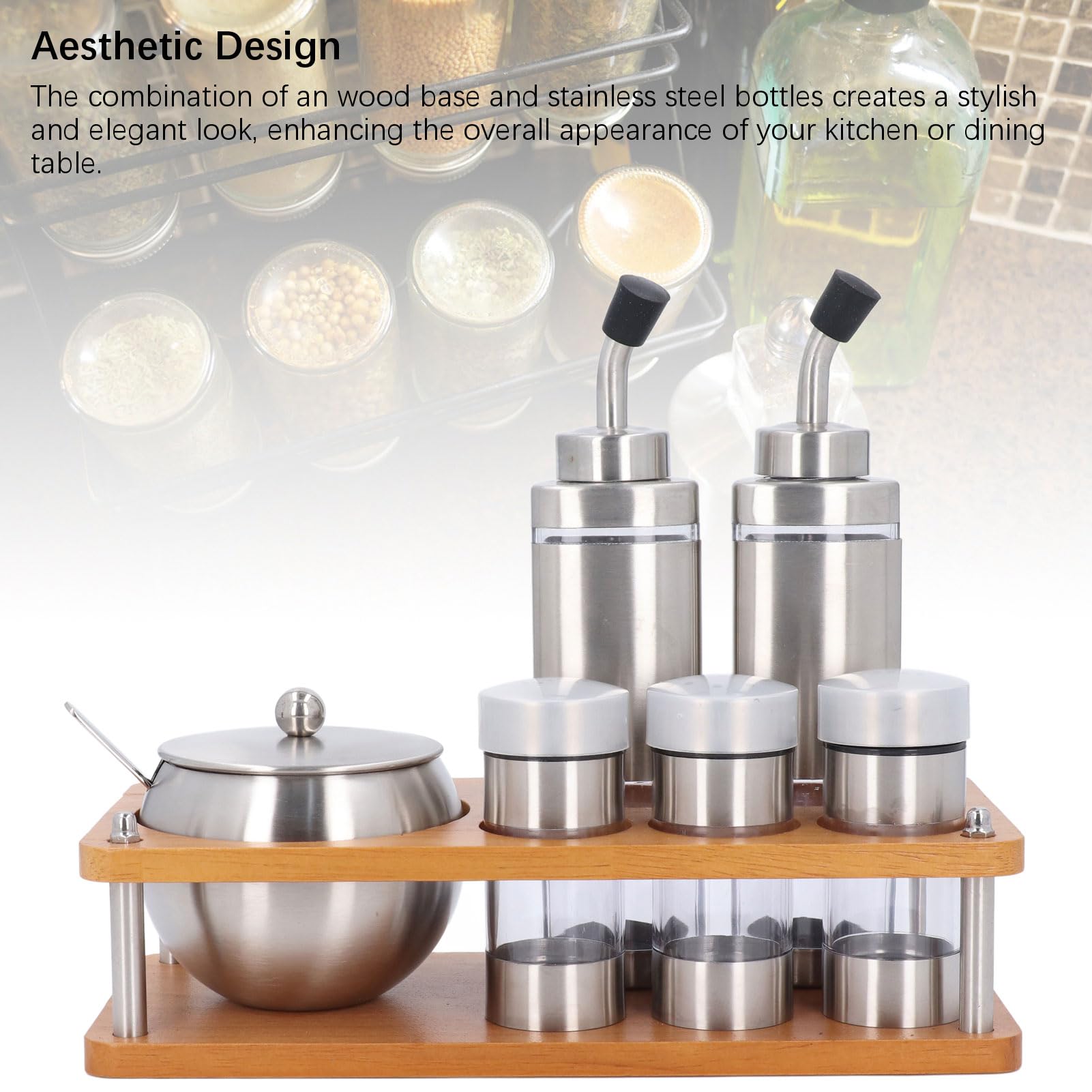 Gewürzspender-Set für die Küche mit Holzständer, Multifunktionales Öl-Essig-Spender-Flaschen-Set, Tisch-Salz-Pfefferstreuer, Olivenöl-Essig-Mengen-Set für Salz, Zucker, Essig