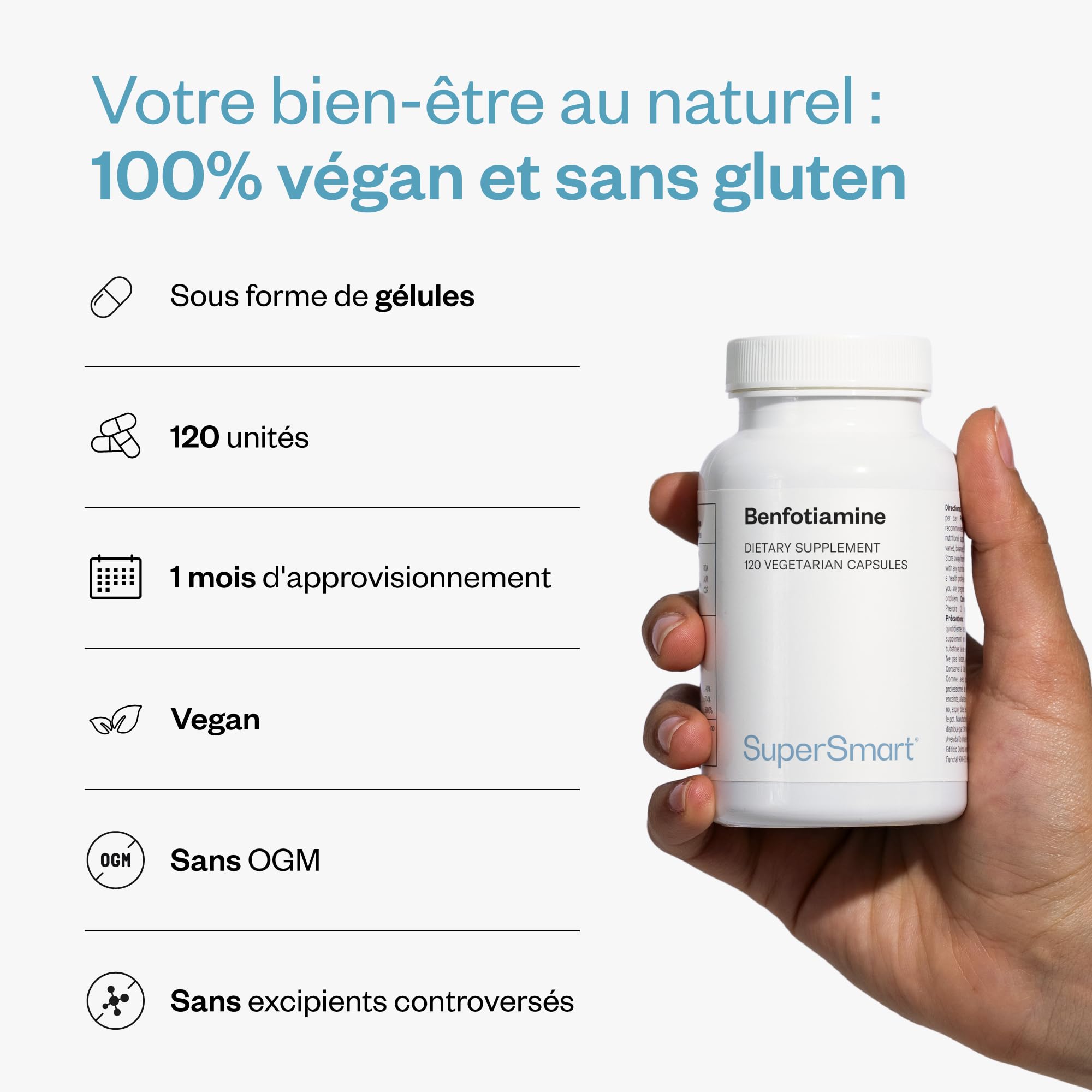 Benfotiamine - Vitamine B1 - Aide à Réduire la Fatigue Mentale et Physique - Booste le Métabolisme - Participe au Fonctionnement Normal du Coeur & du Système Nerveux - Vegan - Sans Gluten - Supersmart | Vitamine B1 - Booste le Métabolisme - Participe au F