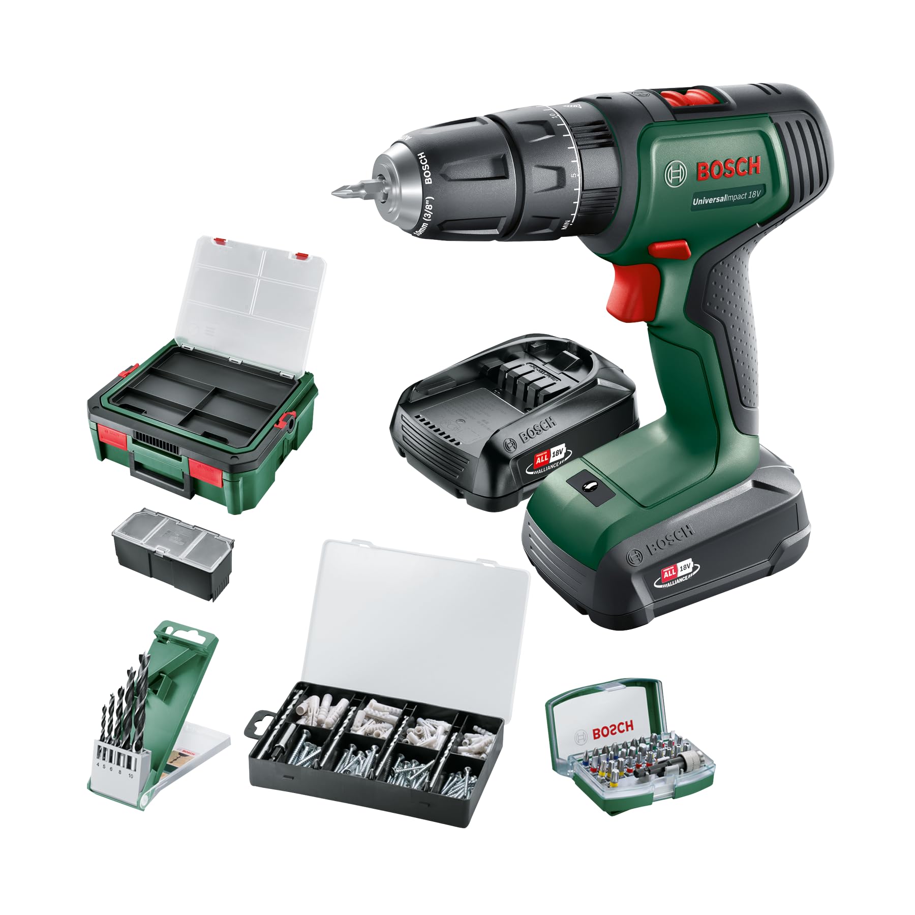 Bosch UniversalImpact 18V Akülü Darbeli Matkap, 2x 1,5Ah + 210 AC set + AL18V-20 in Systembox S