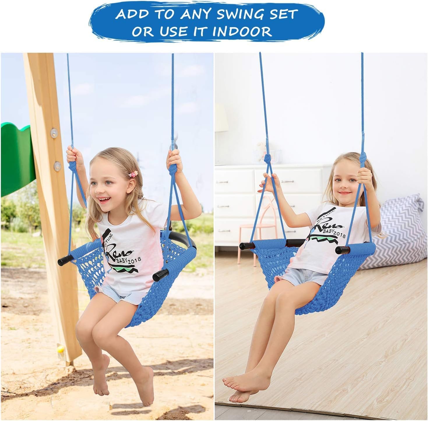 RedSwing 2 Pack Toddler Swing, Swing Seat for Kids with Heavy Duty Adjustable Ropes, Hand-Knitting Secure Children Swing Set for Indoor Porch, Outdoor Playground, Backyard, Tree, Blue