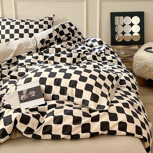 Miniatura 3 de LIWHENHAO Juego de funda de edredón a cuadros tamaño Queen, 100% algodón, color negro y blanco crema, a cuadros, 1 funda de edredón geométrica,