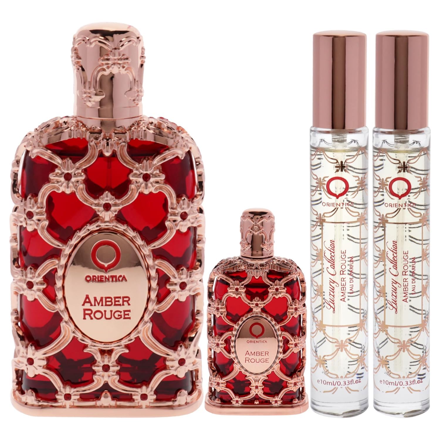 Orientica Amber Rouge für Frauen – 4 Stück Geschenk-Set EDP 2,7 oz Spray, 3 x 10 ml EDP Spray