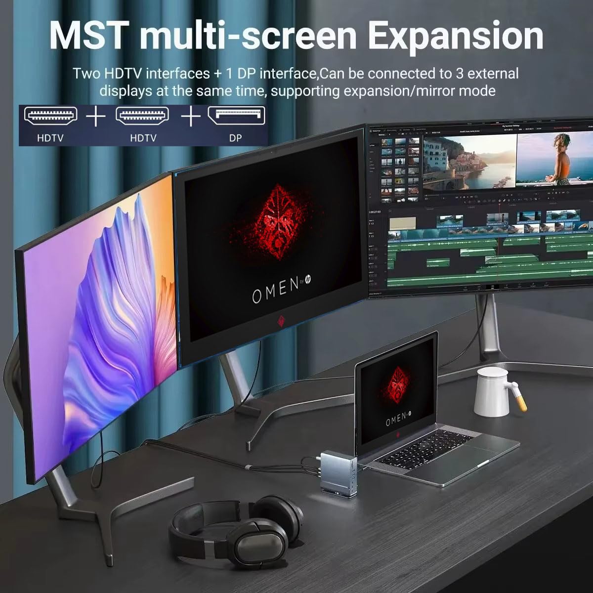 Dockingstation für HP Omen 17 16 15 15t Transcend 14 16 MAX 16 Victus 15 16 Gaming Laptop, 15-in-1 USB C mit 360 ° drehbarer Basis, 2 x 4K HDMI und 1 x DP, 10 Gbit/s USB-Port-Übertragung, RJ45, Audio