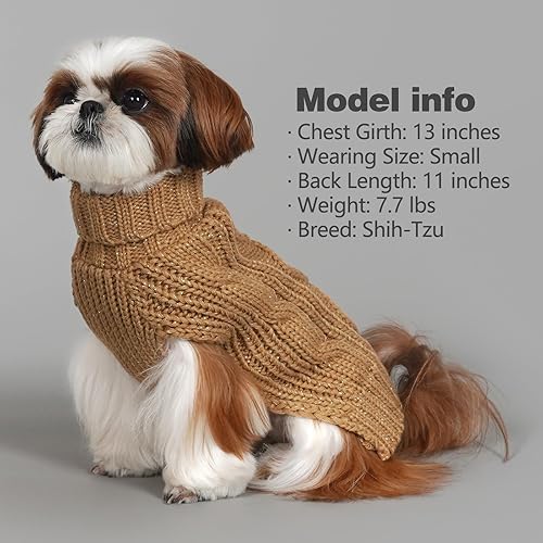 Miniatura 6 de KYEESE Suéteres para perros medianos, cuello alto, suéter de punto trenzado para cachorros con hilo dorado para clima frío, marrón, talla L