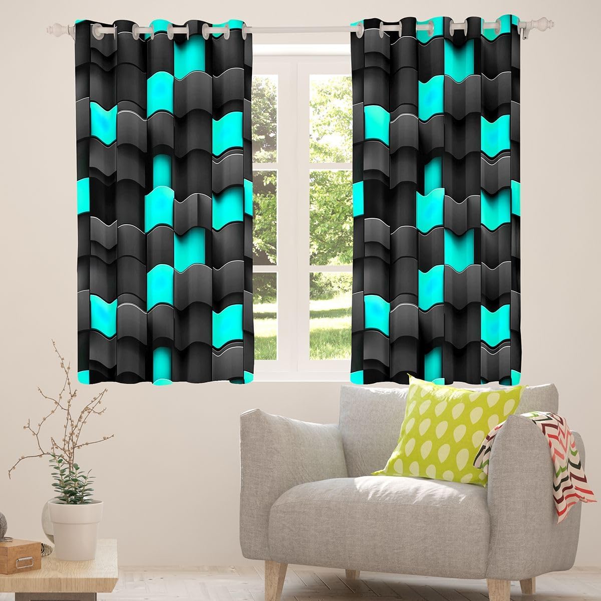 Geometric Grid Window Curtain Set of 2 Panels,Black Cyan Construction Pattern Window Drapes,Building Blocks Theme Blackout Curtains for Kids Adults Bedroom Decor,Colorful Building Style 38Wx45L