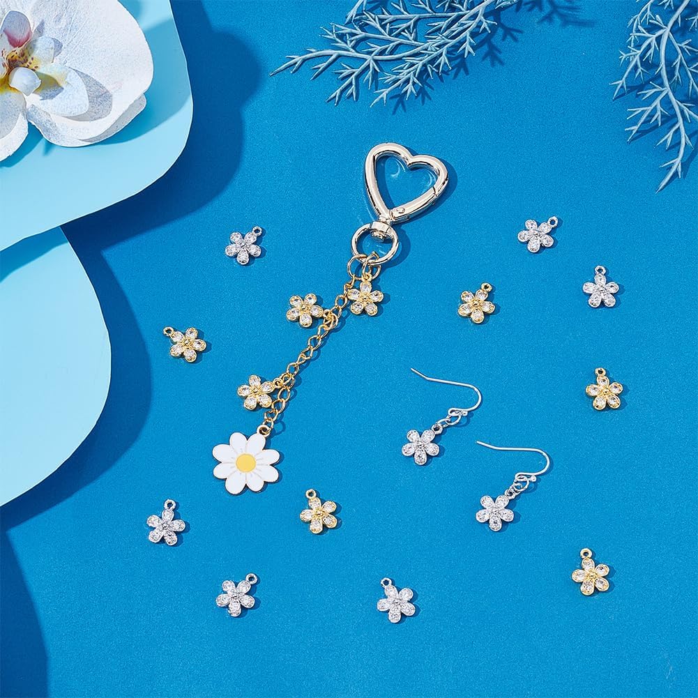 PH PandaHall 20Pcs 2 Colors Cubic Zirconia Flower Charms 10mm Brass Micro Pave 5-Petal Floral Charms Micro Pave Flower Charm for Necklace Bracelet Jewelry Making, Platinum/Golden - Image 2