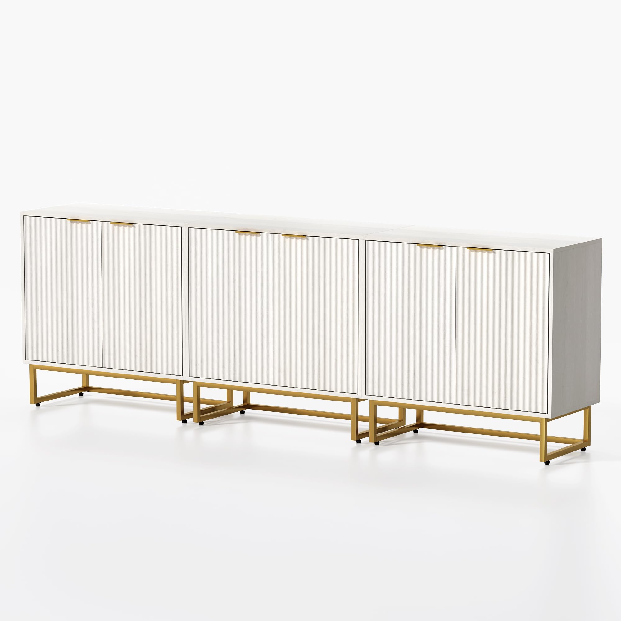 Fluted Storage Cabinets Set of 3, Sideboard Buffet Cabinet Modern Accent Cabinet with Adjustable Shelves, Credenza, Console Table Entryway Cabinets for Living Room, White