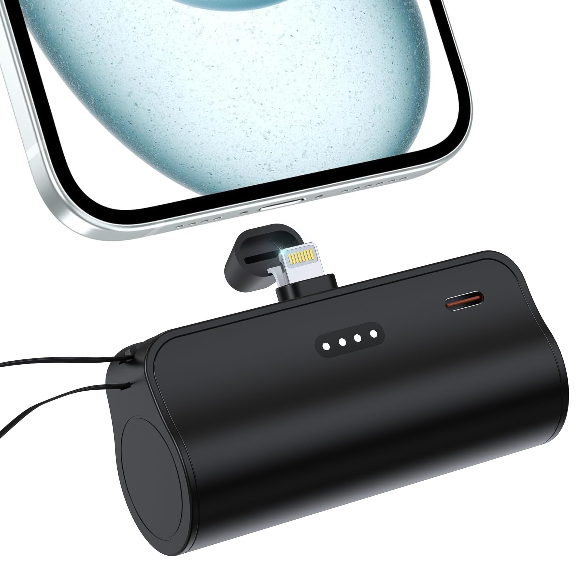 Mini Portable Charger for iPhone 5000mAh Power Bank with Built-in Lightning Connector USB-C Adapter Fast Charging Portable Battery