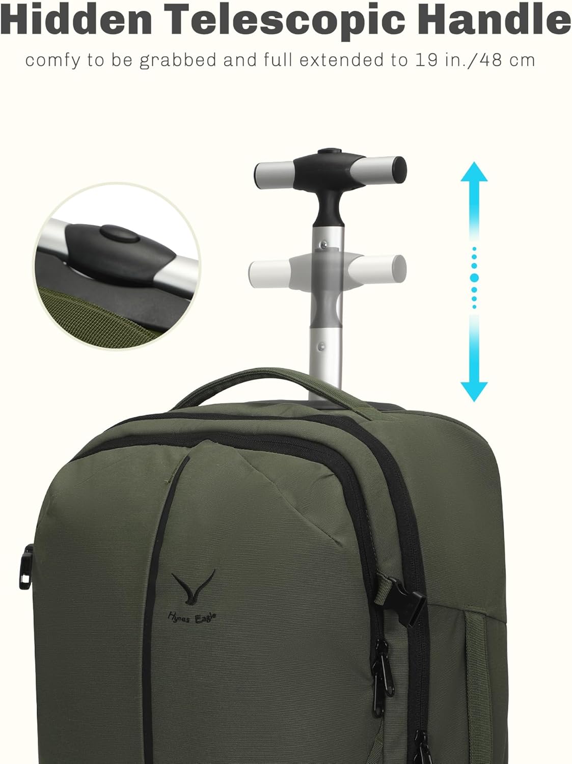 Hynes Eagle 2 in 1 Travel Backpack Set Rolling Backpack with Wheels Carry on Luggage 43L with Personal Item Bag for Men Women Army Green - Image 4