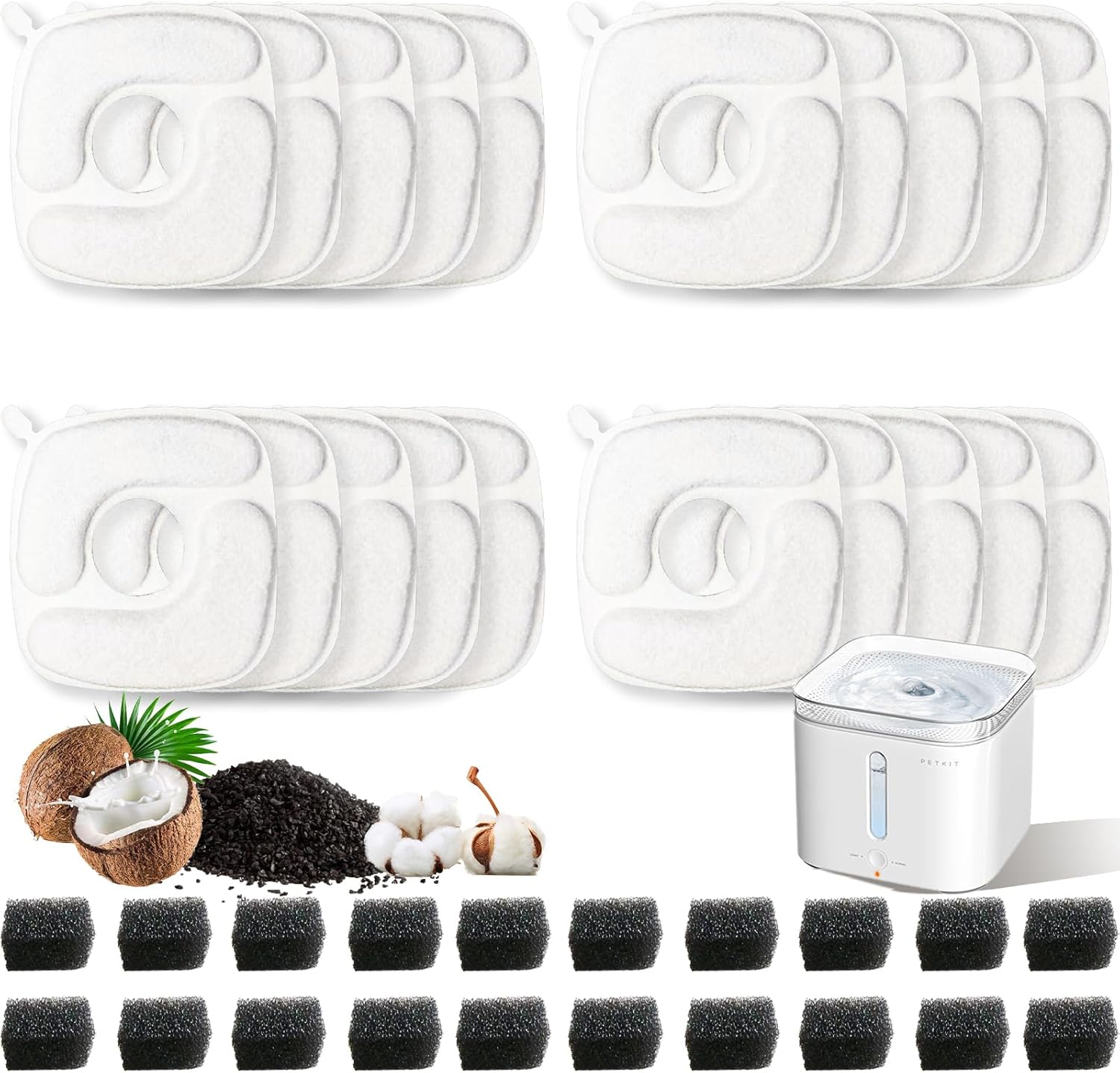 Cat Water Fountain Filters For Veken, 20 Pack Replacement Filters & 20 Pack Replacement Pre-Filter Sponges Set for 67oz, 95oz, 135oz Automatic Pet Fountain Dog Water Dispenser