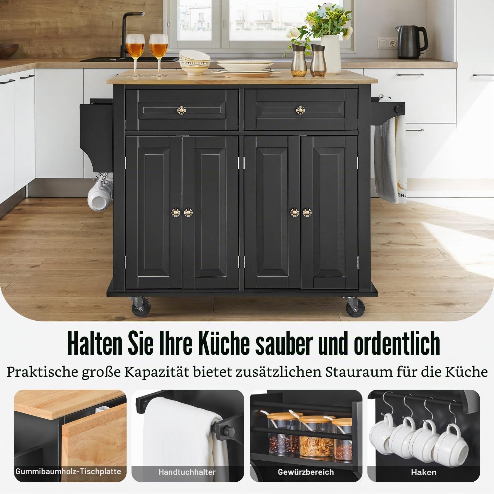 VEVOR Kücheninselwagen, 110 cm mobiler Wagen mit Holzplatte und Lagerschrank, Rolltisch mit Klappplatte, Gewürzregal, Handtuchhalter, verstellbarem Regal, Schublade und Haken, tragbare Inseln Rollbar