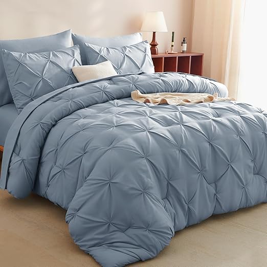 CozyLux Full Size Comforter Sets Grayish Blue, 7 Pieces Pintuck Bed in A Bag Blue Comforter Full Size, Pinch Pleat Bedding Sets with All Season Comforter, Sheets, Pillowcases & Shams