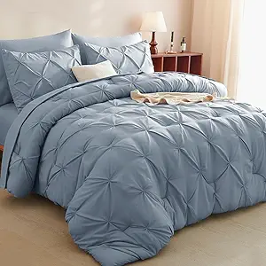 CozyLux Full Size Comforter Sets Grayish Blue, 7 Pieces Pintuck Bed in A Bag Blue Comforter Full Size, Pinch Pleat Bedding Sets with All Season Comforter, Sheets, Pillowcases & Shams