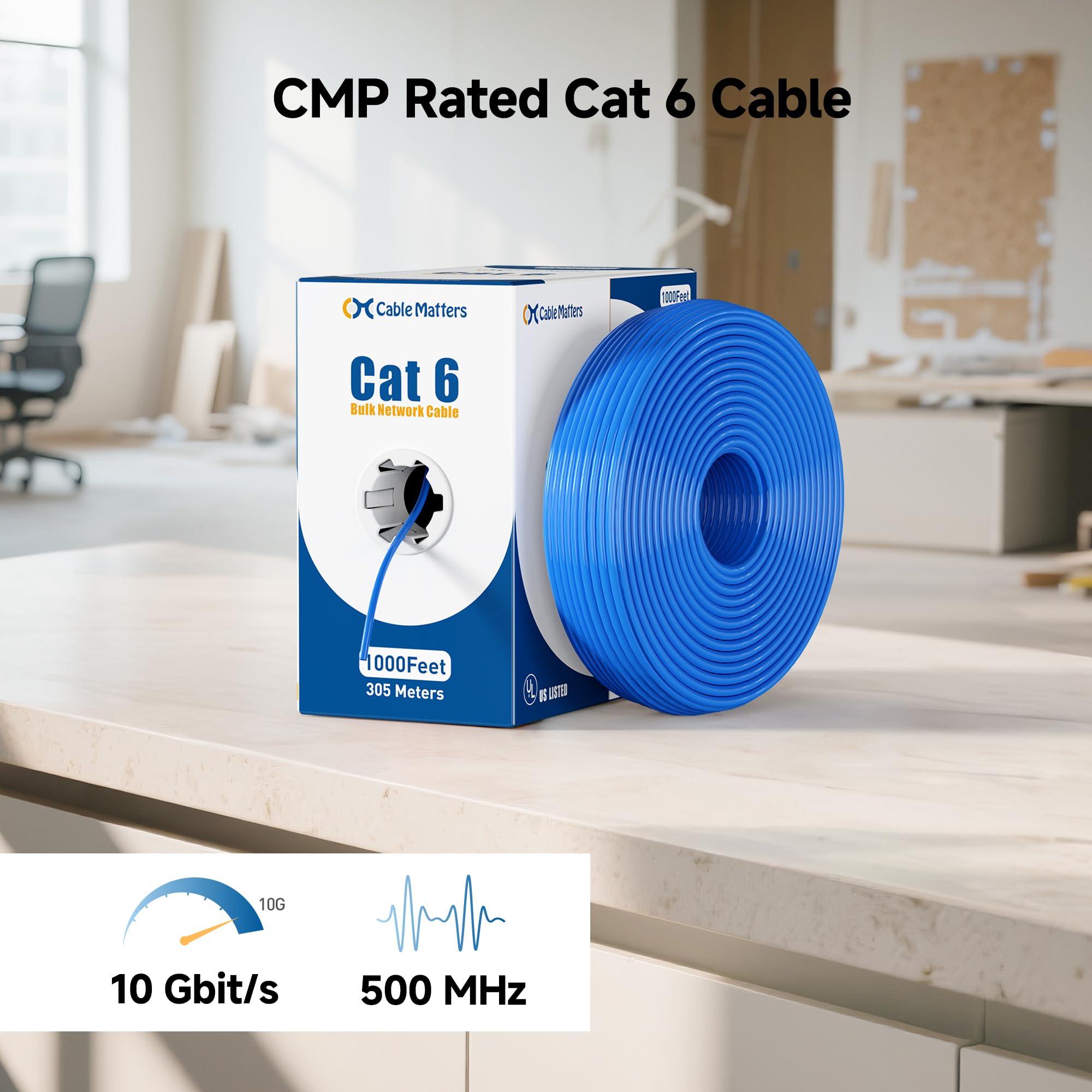 Cable Matters Cavo Cat 6 in rame nudo da 10 Gbps con certificazione UL, 10 Gbps, classificato plenum (CMP), 23 AWG, cavo Ethernet Cat6, solido, cavo Ethernet UTP, cavo Ethernet Cat6, blu