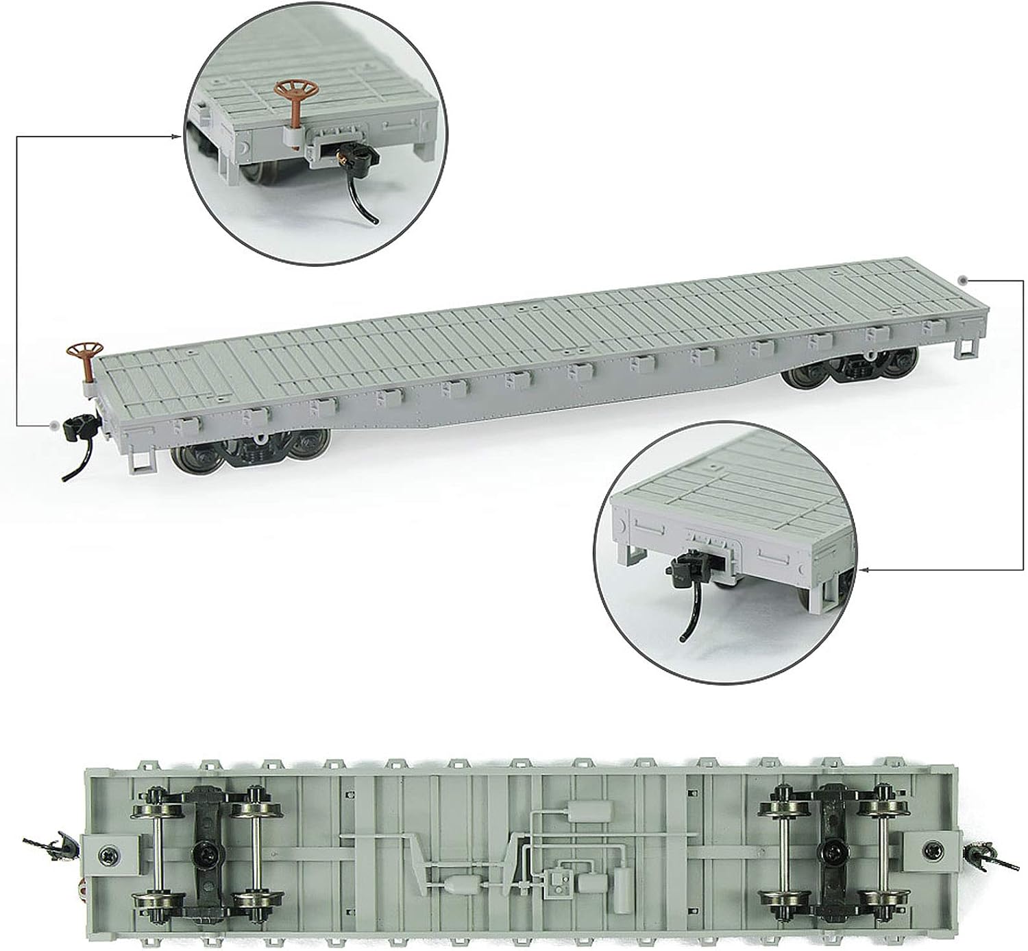 C8741 2pcs HO Scale 1:87 52' Flat Car Flatbed Transporter 52ft Model Train Container Carriage Freight Car (Gray)