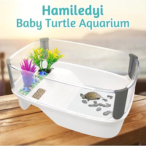 Hamiledyi Small Turtle Tank Aquarium Terrapin Terrarium Turtle Habitat with Basking Platform Baby Turtle Tank for Turtles Terrapins Crayfish Hermit Crabs Lizard and Other Small Sized Reptiles(Clear White,1 Pack)