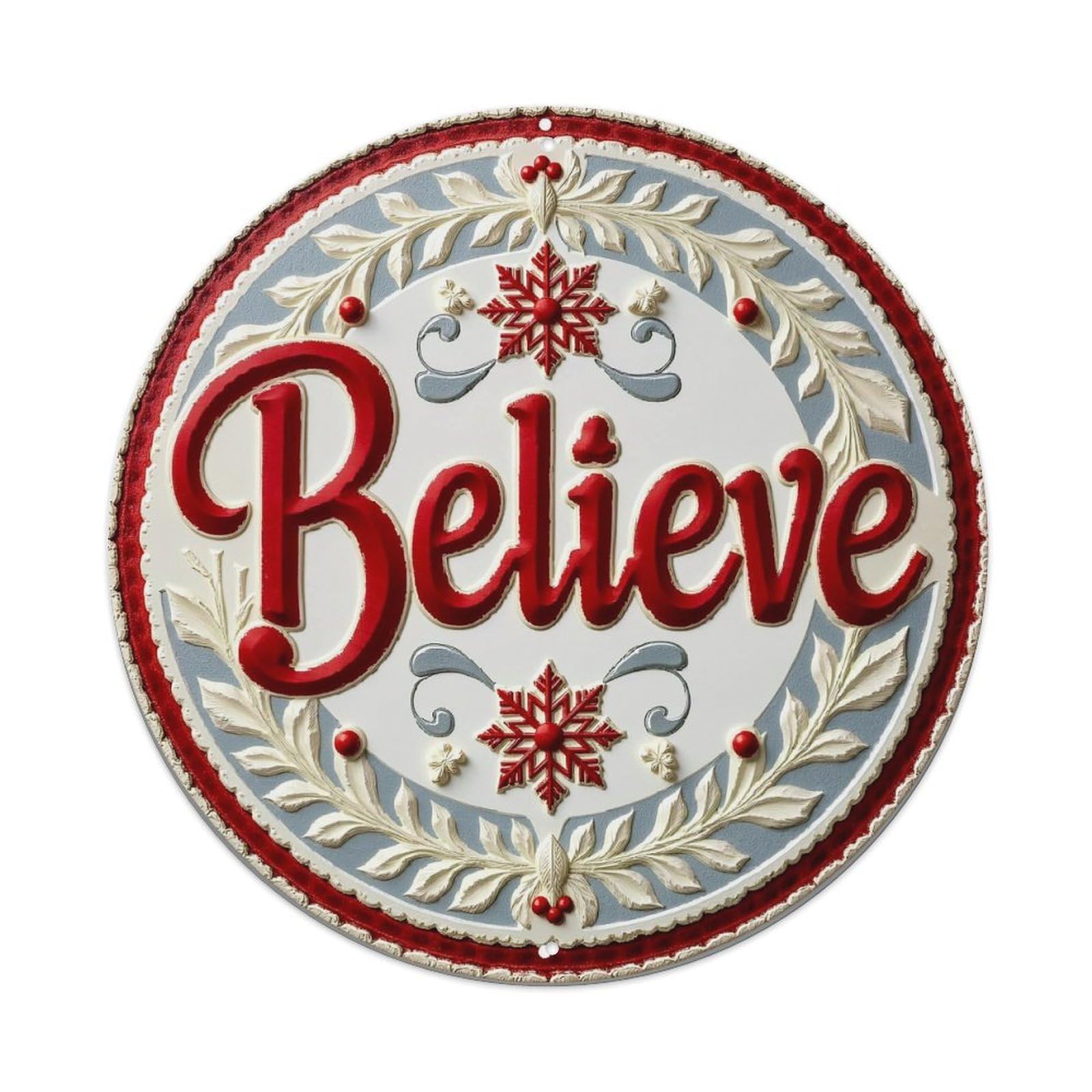 Believe Snowflake Leaves Red White Round Tin Sign Retro Metal Sign for Cafe Bar Pub Home Game Room Gym Club Wall Decoration Vintage Metal Poster 8x8 Inch