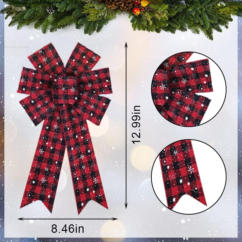 Threetols 2PCS Christmas Wreath Bows, Red Black Buffalo Plaid Bows for Wreath Farmhouse Bows for Front Door Winter Red Bows Christmas Snowflake Tree Bows for New Year Indoor Outdoor Xmas Decorations - Image 2