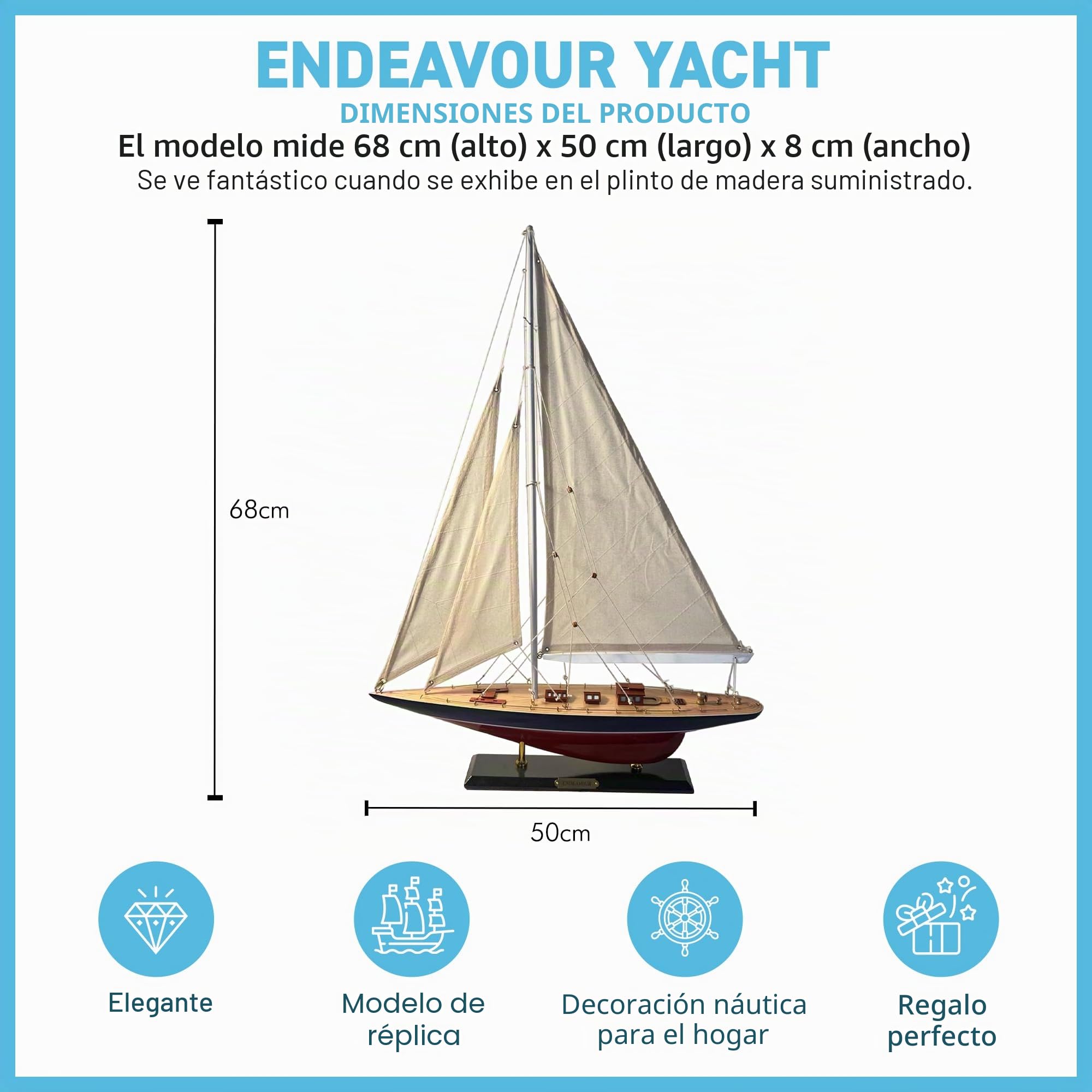 Thorness Modelo detallado de madera de 50 cm de largo Endeavour J Class Yacht,Yate de carreras de la Copa América,Adorno náutico,Modelo de velero,Modelo de velero Endeavour,Kit de modelo de barco