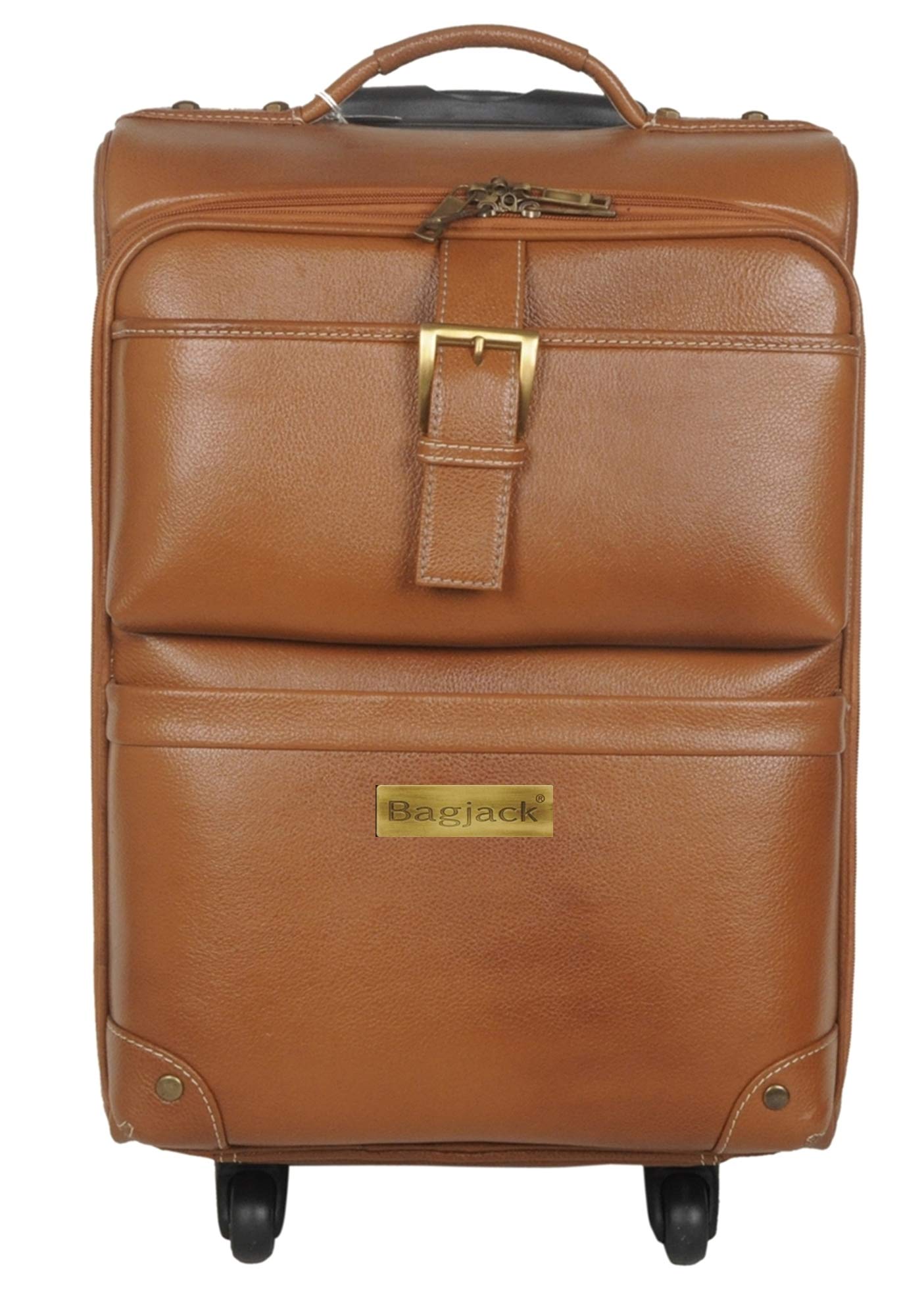 Natural Grain Leather Trolley Bag | 360 Rotating Wheel | Tan Color | 22 Inch