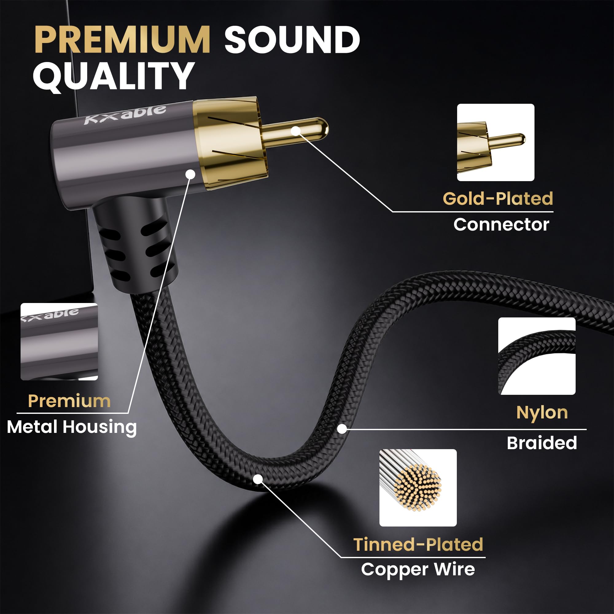 Cavo audio coassiale RCA a 90 gradi per subwoofer, 30 m, cavo RCA analogico digitale a doppia schermatura, connettori placcati oro ad angolo retto, intrecciato, per HDTV, subwoofer, sistema Hi-Fi