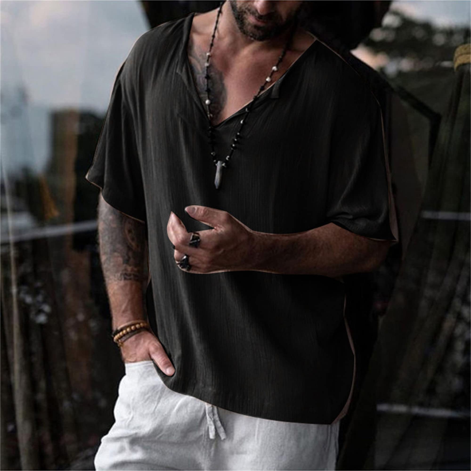 VgueElegc Men's Baggy V-Neck Shirt Business Short Sleeve Gym Tee Casual V Neck Cotton T-Shirts for Men (Black,3X-Large)